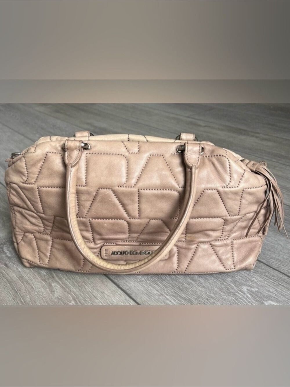 Adolfo Domingo neutral tan leather Quilted tassel barrel shoulder bag